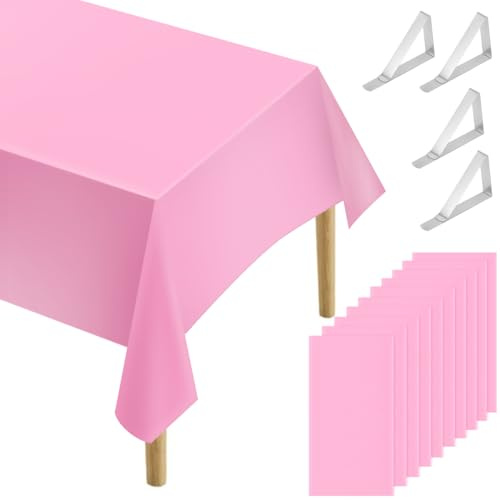 WEFHEF 10 Stück Einweg Tischdecke 137x274cm mit 4 Stück Tischdeckenklammern, Rosa Biertisch Tischdecke Tischtuch Rechteckig Tischdecken Wasserdicht Gartentischdecke für Party Hochzeit Feste