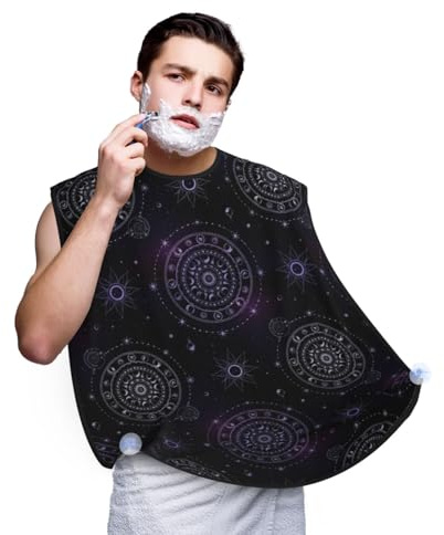 Beard Shaving Cape with Suction Cups, Sacred Geometric Symbol Purple Space Galaxy Stars Mystic Sun Moon Shave Bib, Non-Stick Waterproof Hair Catcher, Grooming Bib for Men Husband