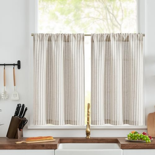 TOPICK Set om 2 stycken H 90 x B 90 (cm) randiga fönstergardiner moderna linnegardiner med ränder köksgardin ogenomskinlig kort för kök ljusgenomsläppligt litet fönster gråljusbrun på beige