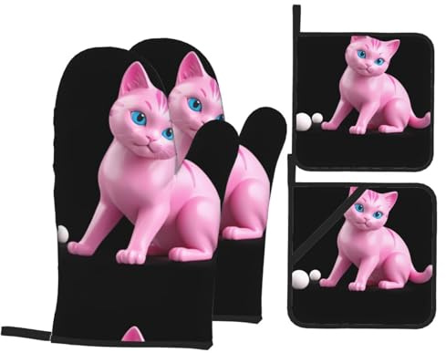 BROLEO Ensemble de pâtisserie de cuisine en céramique rose avec motif chat - Gants de four épais et isolants