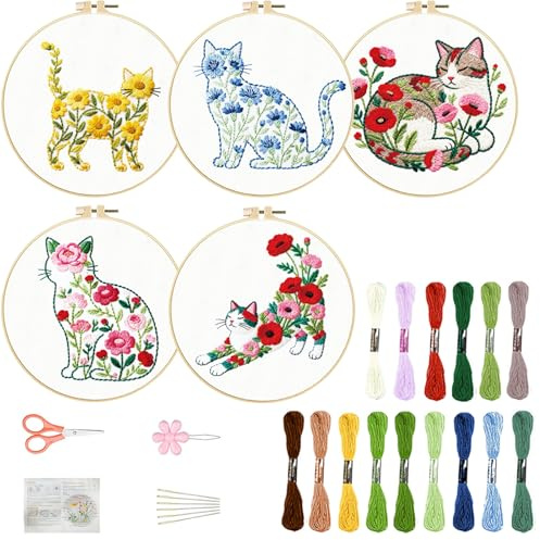 FREEBLOSS 5 Set Stickset Für Anfänger Nadelspitze Blume Katze Gestempeltes Stick Starter Set Mit Anleitung Nadeln Fäden 2 Reifen 11.6/29.5cm
