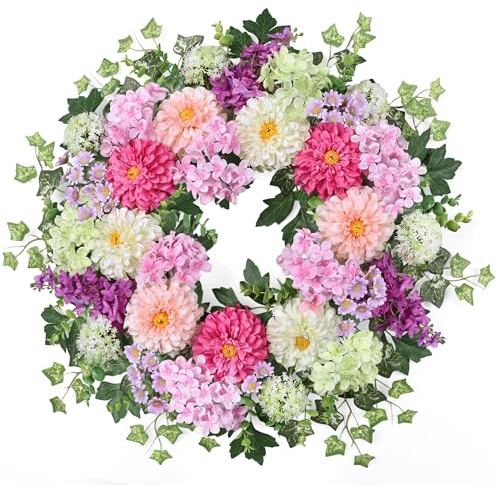 Zmtyykh 24 Inch Dahlia & Hydrangea Wreath Artificial Spring Wreath for Front Door Floral Wreat with Hyacinth Daisy Eucalyptus Ivy Indoor Outdoor Farmhouse Home Decor for Valentine’s Day Easter Summer