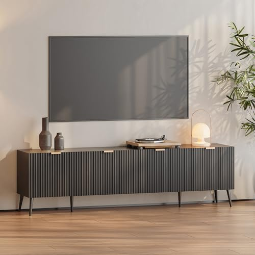 [en.casa] TV Schrank Nand Lowboard mit 4 Türen geriffelt Fernsehschrank 180 x 35 x 51 cm Sideboard Kommode Fernsehtisch Schwarz