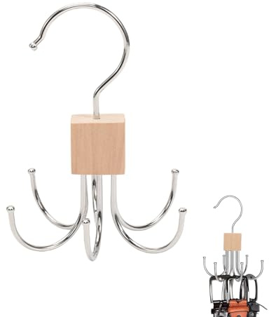 Rotatable 360° Swivel Belt Hanger for Closet， Space-Saving Organizer with 6 Hooks for Belts, Ties, Socks, Gloves, Scarves - Wood Color Storage Rack for Men & Women
