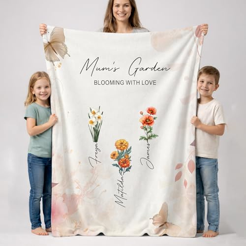 Personalised Floral Garden Blanket with Custom Names – Mum, Nana, Grandma Birthday Gift – Mother’s Day, Christmas, New Mum, Baby Shower Present – Botanical Family Flower Throw for Sofa or Bed