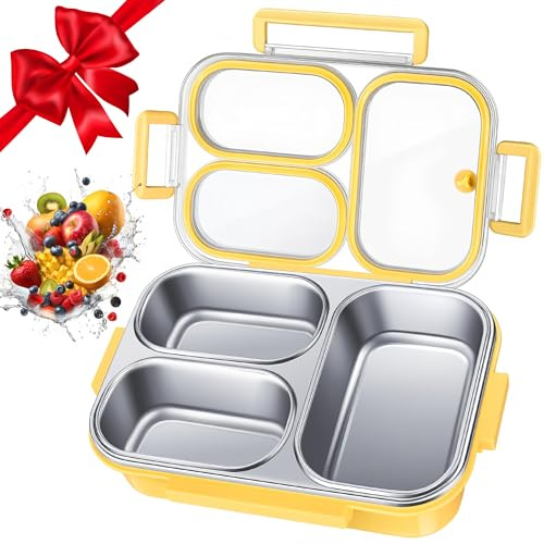 BOYUNSHI Bento Lunchbox, Brotdose Edelstahl mit 3 Fächern & Unabhängiger Dichtungsring, Auslaufsicher Lunchbox Kinder Erwachsene, BPA-frei & Spülmaschinenfest, 800ml