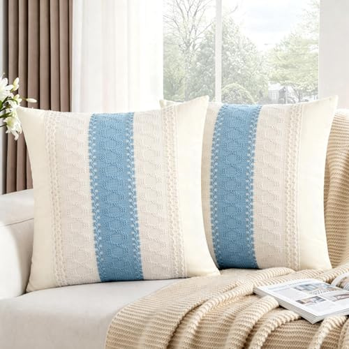 DakTou Fundas de Cojines 40x40 Blanco Crema con Encaje de Ganchillo Azul Cielo - Juego de 2 Funda Almohada Algodón Lino para Sofá - Cushion Covers Estilo Bohemio Rústico Lavable Salón Dormitorio