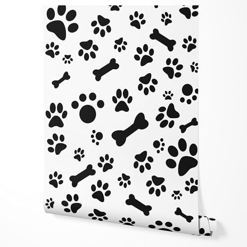 GP TONER Vliestapete Schwarz Weiß Pfoten Knochen Hunde Muster Modern Tapete Kinderzimmer Wohnzimmer Schlafzimmer Flur Küche Wanddeko UV-beständige Tapete 10m x 0,5m