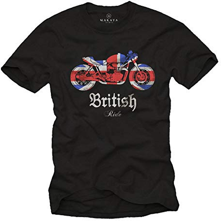 MAKAYA Mens Biker T-Shirt - Union Jack Flag with Motorcycle Ride British