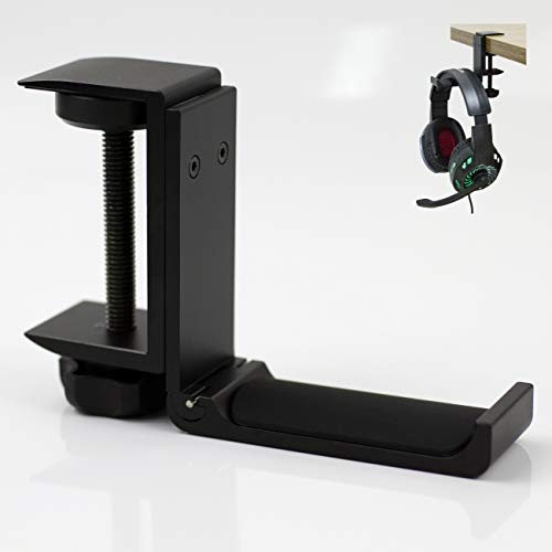 MeetRade Headphones Stand Foldable Headset Hanger Holder Aluminum Clamp On Hook For Desk and Shelf Work For Large DJ Headphones Headband Bag Backpack Up To 40lb. (1P Clamp Black)