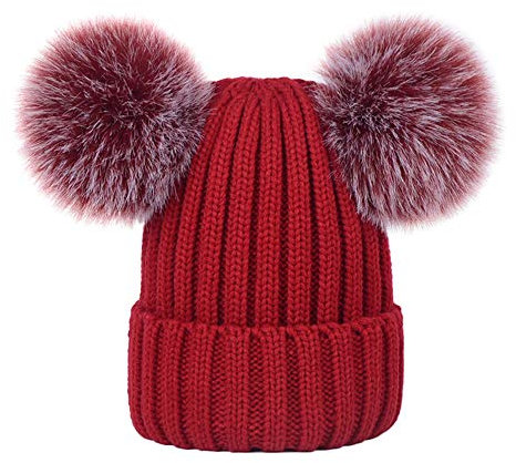 Martin Kench Damen Strickmütze mit Doppel-Fell-Bommel und Fleece Futter, Winter-Mütze, Bommelmütze (Weinrot,M: 36-60cm)