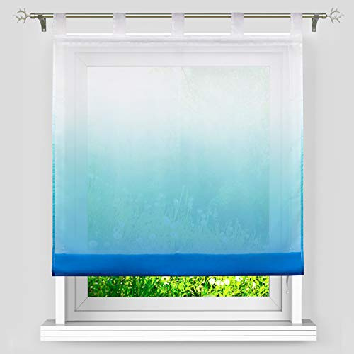 Heichkell Farbverlauf Raffrollo mit Schlaufen Voile Transparente Raffgardine Bändchenrollo in Küche Schlafzimmer Romantischer Stil Blau B×H 140×140 cm