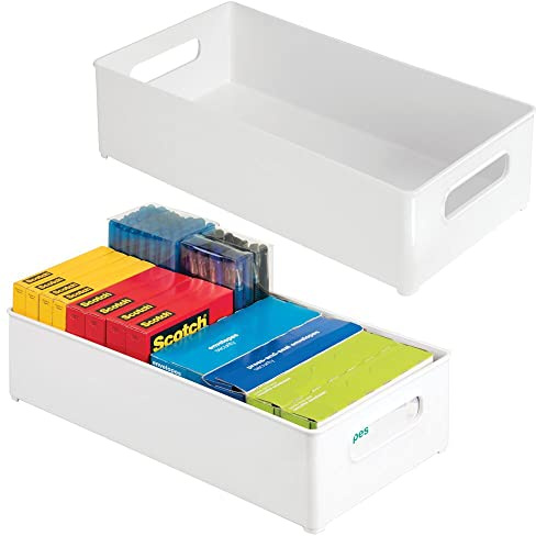 mDesign 2er-Set Aufbewahrungsbox für das Büro – rechteckige Schubladenbox aus Kunststoff für Schreibwaren – tiefe Stapelbox mit Griffen für Schrank und Schreibtisch – weiß