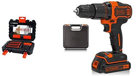 BLACK+DECKER A7232-XJ Drill Set - Black, 1 Piece with BLACK+DECKER 18 V Cordless 2-Gear Combi Hammer Drill Power Tool with Kitbox, 1.5 Ah Lithium-Ion, BCD700S1K-GB