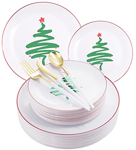 LIYH 150 Pcs Plastic Christmas Disposable Dinnerware Set, Disposable Christmas Plastic Plates with Red Rim, Gold Cutlery with White Handle, Tableware Dishes for Xmas Day 30 Guests