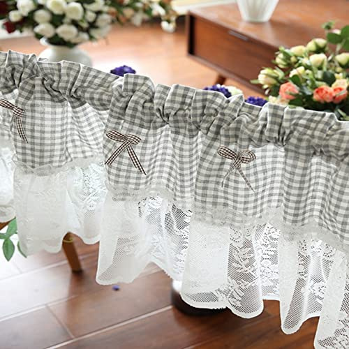 A.Monamour Gardine Scheibengardinen Kurzstores Halbtransparente Grau Karierte Gingham Blumen Spitze Kurzvorhang Kurzgardinen Küchengardine Küchenvorhang Küche Vorhang Fenster Kurz Stores Bistrogardine