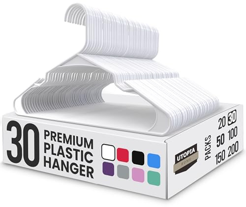 Utopia Home Premium Plastic Clothes & Coat Hangers, Pack of 30, White | Coat Hangers | Clothes Hangers | Non-Slip | Space-Saving | Trouser Bar | Shoulder Grooves | Ideal for Adult Clothes