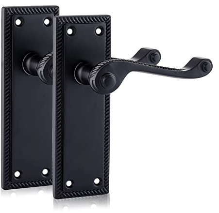 XFORT Black Beauty Range Matt Black Hanoverian Lever Latch Handles, Georgian Style Backplate Door Handles, Contemporary Door Handle Set for Internal Wooden Doors (1 Pair)