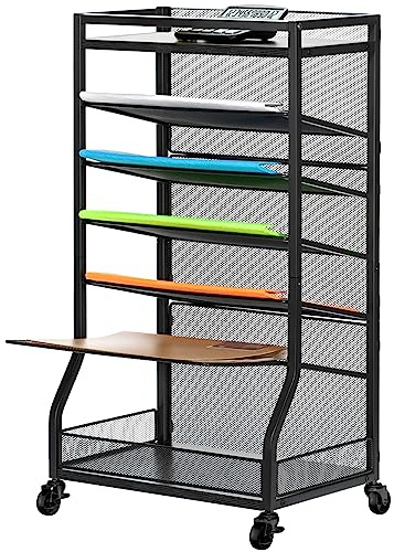 ThreeHio 7 Tier Rolling File Cart with Sliding Trays, Wood Metal File Organizer Beside Desk, Free-Standing File Holder, Paper Letter Tray Organizer Mesh Desk Organizer for Home Office School (Patent)
