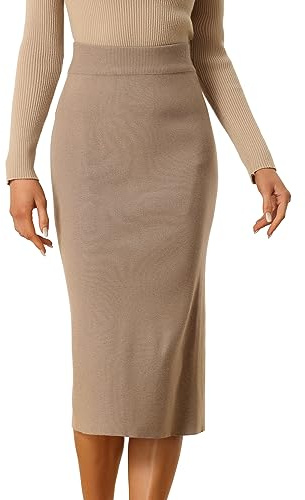 Allegra K Women's Bodycon Skirt High Waist Stretchy Rib Knit Split Hem Slit Sweater Pencil Skirt X-Large Khaki
