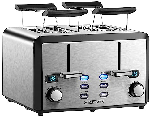 Steinborg Tostapane XXL, 4 tostapane, macchina per tostapane XXL, 1600 Watt, controllo abbronzatura a 6 livelli, 2 inserti per panini, funzione scongelamento, 2 cassetti per briciole, acciaio inox, 4