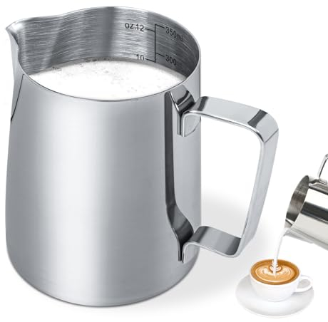 ONLYQIQIU 12oz/350ml Milk Jug Stainless Steel Milk Frothing Jugs for Coffee Machine, Barista Coffee Jug Metal Frothing Pitcher Jugs Cup with Measurement Mark for Cappuccino, Espresso, Latte, Cream