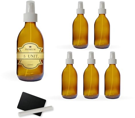 5x sprayflaska i gult glas 250 ml med spraylock + 5 skiffer och krita - eteriska oljor, kosmetika, parfym, hårspray - hudvård och hårvård