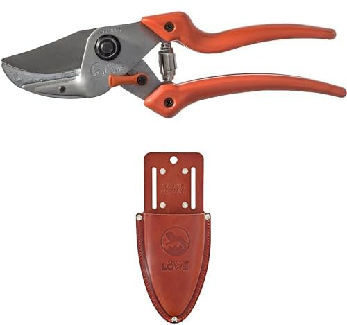 Original LÖWE 8 Set bestehend aus Amboss Gartenschere 8.107 mit Bypass Geometrie für Schneidarbeiten im Garten & Leder Premium Holster 9809 mit Gürtel-Clip zur Aufbewahrung am Gürtel oder Hosentasche