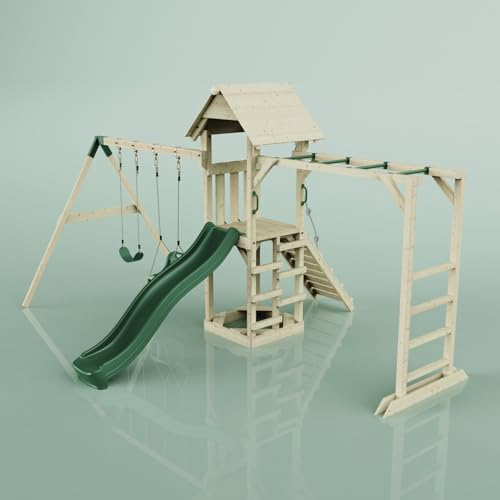 Rebo Klettergerüst aus Holz mit Wellenrutsche | Outdoor Spielturm mit Doppel-Kinderschaukel, Hangelstangen, Plattform und Kletterseil