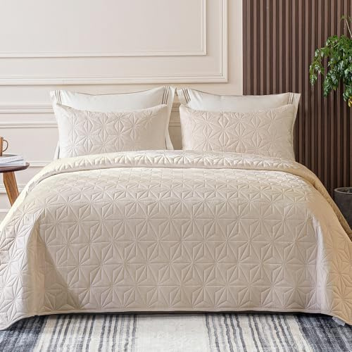 Whale Flotilla Tagesdecke Bettüberwurf 260x280 cm mit 2 Kissenbezüge | Weiche und Leichte Steppdecke, Bedspread mit Geometrischem Muster, für 4 Jahreszeiten, Beige