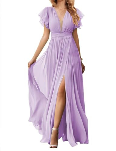 Vestidos de dama de honor con cuello en V para mujer, con mangas de volantes y abertura, vestidos de noche formales de gasa con bolsillos, Lila, 46