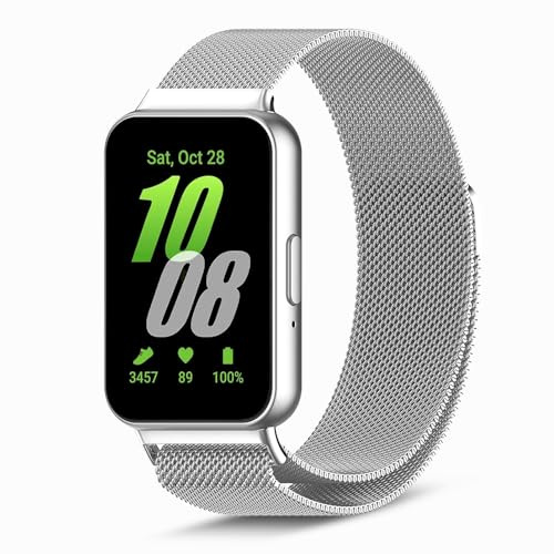 PaceBid Rostfritt stål rem nät ersättningsrem justerbar magnetisk armband herr dam för Samsung Galaxy Fit 3, Silver