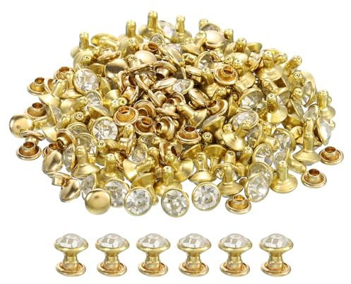 QUARKZMAN 100 Piezas de Remaches de Estrás Dorados, Remaches de 7mm/0.28 de Cuero con Doble Tapa de Metal y Estrás para Manualidades de Cuero, Creación de Bolsos y Cinturones