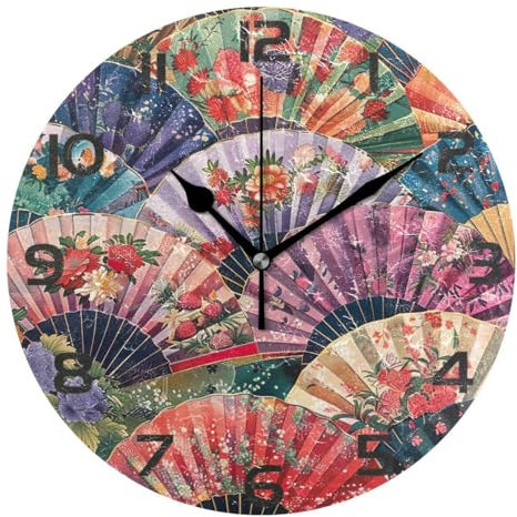 JUMBEAR Japanese Style Flower Fan Wall Clock Silent Non-Ticking Decorative Wall Clocks Battery Operated 25x25cm for Home Living Room Kitchen Bathroom Bedroom