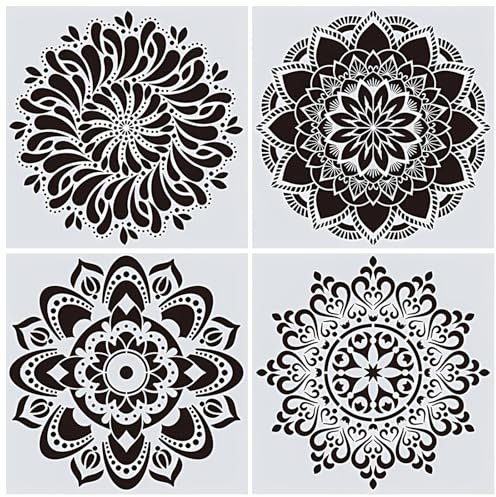 Große Mandala-Schablonen-Set, Blumen-Punkt-Skala, Schablonen für Stoff, wiederverwendbar, DIY-Zeichnen, Malvorlage für Holz, Wandkunst, Böden, Fenster, Möbel, Holz, Wanddesign, 30 x 30 cm, 4 Stück