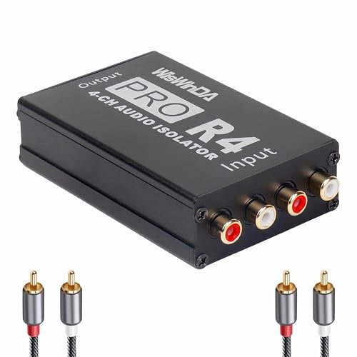 WisWinDa Pro RCA 4Channels HiFi Stereo Ground Loop Noise Isolator Gold Coating RCA Connectors Aluminum Shell Noise Filter for car and Home Using in Different situations (WDISO-AA02-RCA)