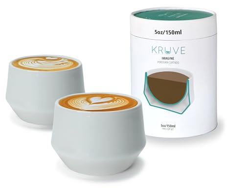 KRUVE Imagine Porcelain Latte Coffee Cups, Double Walled Latte Cups, Glass Cups Set of Two - 5oz Thermal Spherical Design for Art, Insulated Coffee Mugs for Heat Retention (White)