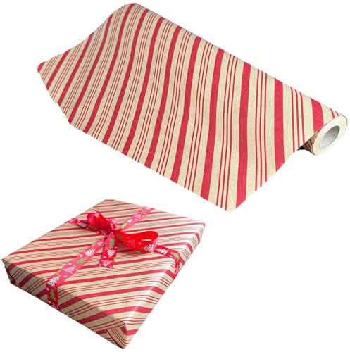 Kraftomslagspappersrulle, julränder julklapp inslagning med strängar 100 % återvinningsbar eco gåva för födelsedagspresent fest baby shower juldekor, 43 cm x 10 m