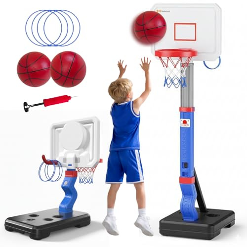 BRAGZO Toddler Basketball Hoop with Ring Toss Game, 2-in-1 Adjustable (2.5–5.5 Ft) Indoor & Outdoor Kids Basketball Set with Mini Balls, Rings, Pump & Stable Base Sports Toy for Boy & Girl Age 1-5