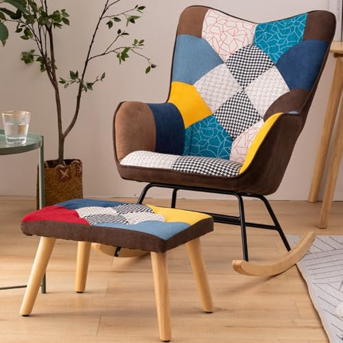 RUYICZB Silla Mecedora Sillón De Relax Lactancia Butaca Acolchada con Reposabrazos, Respaldo Alto, Taburete, De Tela Patchwork con Patas De Madera Metal, para Salón, Dormitorio