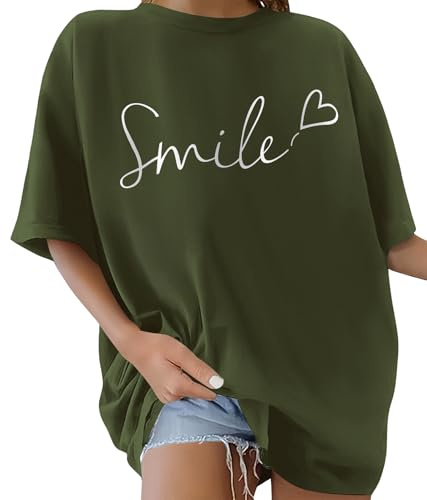 heekpek Tee Shirt Femme Oversize T Shirt Chemise à Manches Courtes Coton à Col Rond T-Shirt Grande Taille Haut Ete, Vert Militaire, M