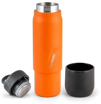 EcoVessel Stainless Steel Flask with Removable Shot Cup, Vacuum Insulated Bottle for Hot and Cold Drinks, Thermos with Folding Handle for Travel and Camping, 8oz (Orange)