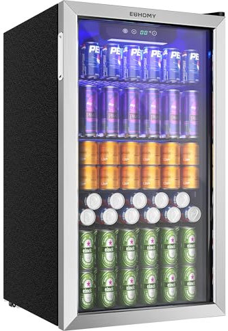 EUHOMY Frigorifero per bevande, mini frigo per 126 lattine con porta in vetro, piccolo frigorifero con ripiani regolabili per limonata, birra o vino, perfetto per casa/bar, ufficio, argento, acciaio