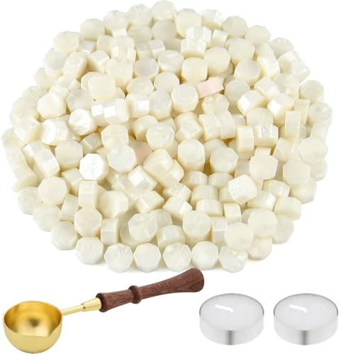 NEBURORA 200 Stück Siegelwachs perlen, Siegelwachs Weiß mit Wachslöffel und 2 Teelichtern, achteckiges Wachssiegel-Set für Stempel,Einladungskarten, Umschläge,Weinpakete,Geschenkverpackungen