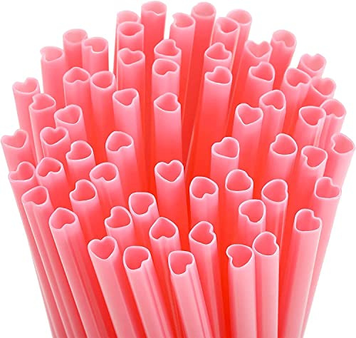 REAPEX 100 Pcs Heart-Shaped Pink Reusable Plastic Straws with 2 Brushes | Smoothies Coffee Drinking Juice Milkshakes Cocktail, for Valentine's Day, Birthday Party, Wedding