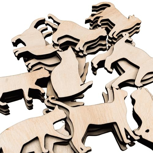 CHIC&CHARM 50 Stück, 10 Typen Katzen, Tiere, Holzkatzen, Natur 4,5 cm Holz, blanko, zum Basteln, Holzstücke, Mini-Katzen. DIY