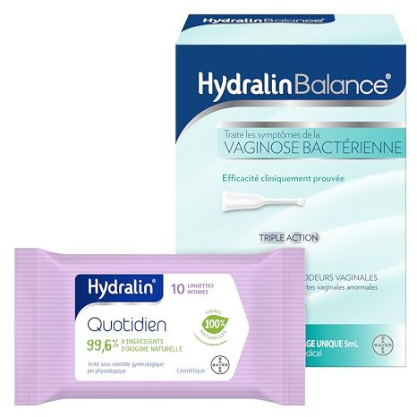 Hydralin Balance - Gel Intime vaginal + Lingettes intimes femme - Traitement Vaginose Bactérienne - Inconfort vaginal & Odeurs vaginales - Restaure la Flore Intime - Dispositif Médical x7 Applicateurs