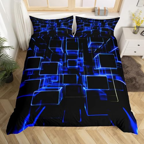 Vaxkaka blå och svart barn påslakan, moderna geometriska fyrkantiga sängkläder set för pojkar flickor tonad neon ljus abstrakt säng set kung 3 delar, dragkedja