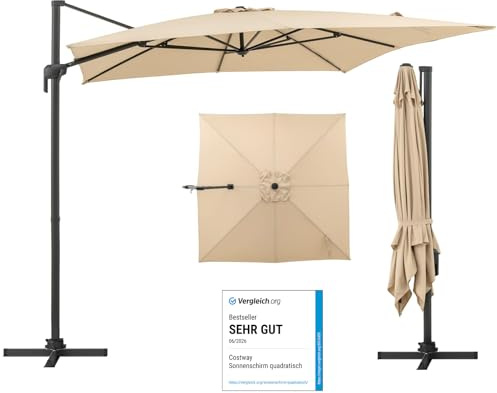 COSTWAY Sonnenschirm 300 x 300 cm, Alu Ampelschirm mit Kurbel, Gartenschirm neigbar, 360° drehbar, großer Terrassenschirm, quadratischer Marktschirm für Garten, Terrasse (Beige)