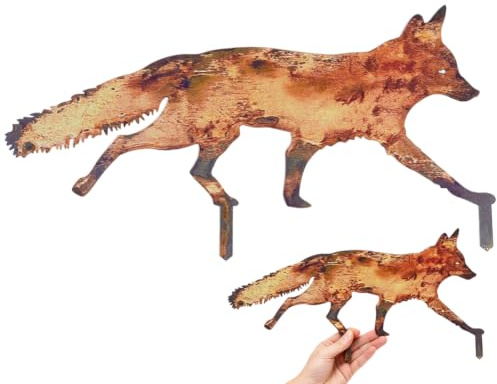CREATCABIN Metallfuchs Dekoration Für Draußen Fuchs Gartenpfähle Rustikal 3D Hinterhältige Tierkunst Skulpturen Figuren Dekoration Für Rasen Hof Hinterhof Kunstdekoration Einweihungsparty 20.6x39cm